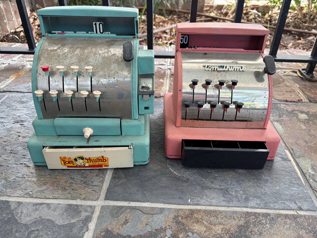 Pink Vintage Tom Thumb Blue Metal Toy Cash Register 1960s-1970s