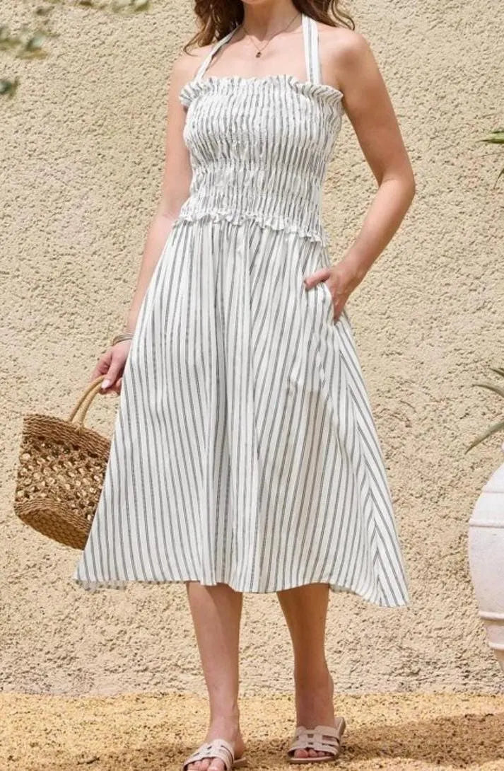 Taylor Swift Engagement Dress Dupe-Inspire Chic Womens Halter Neck Summer Smocked Striped Midi  Dress ***VIRAL (XS,S,M)
